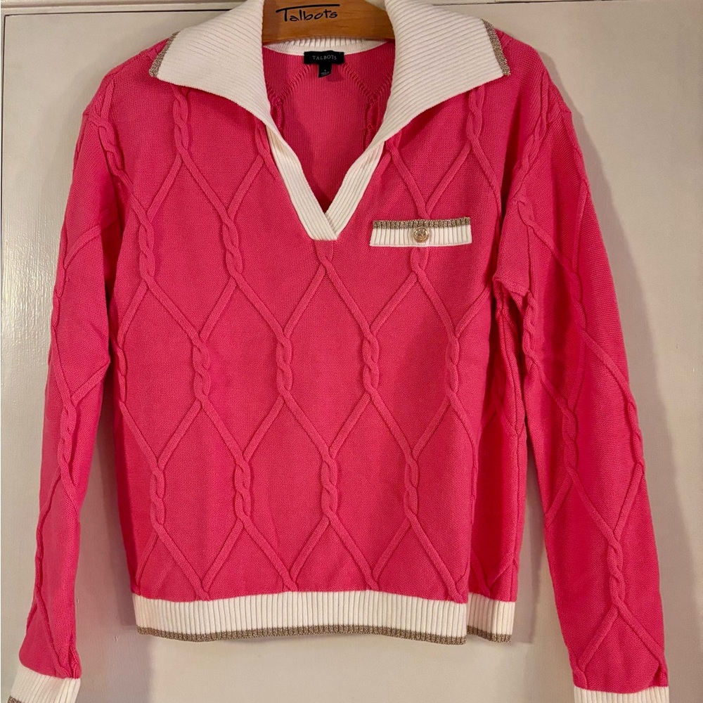 Talbots V-Neck Sweater in Pink and Cream with Gold accents